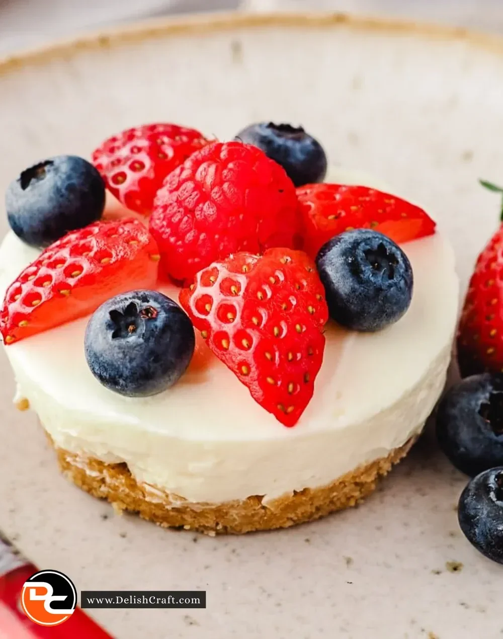 No Bake Mini Cheesecakes served on a dessert platter.