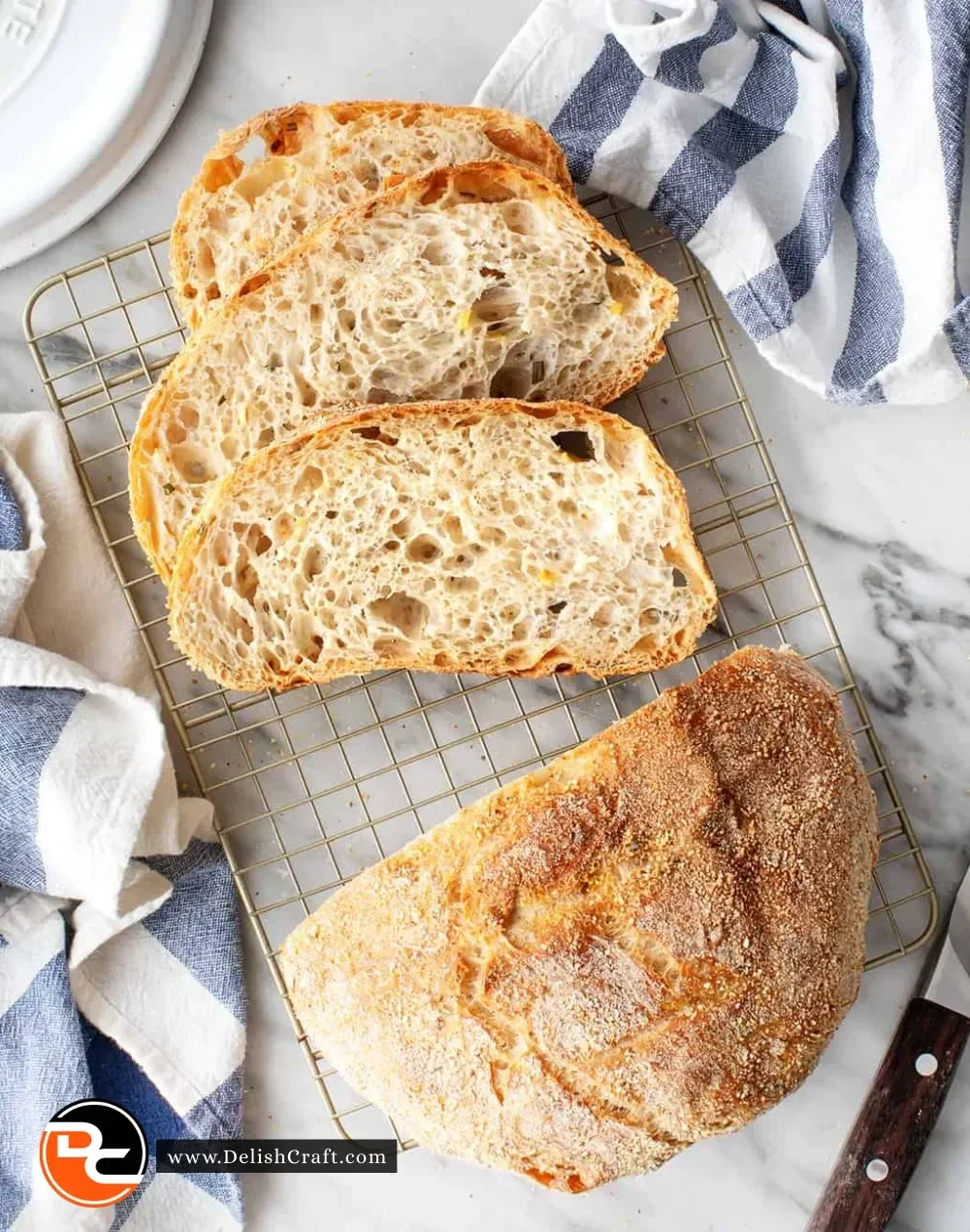 Perfectly baked no-knead bread with a golden crust and soft interior