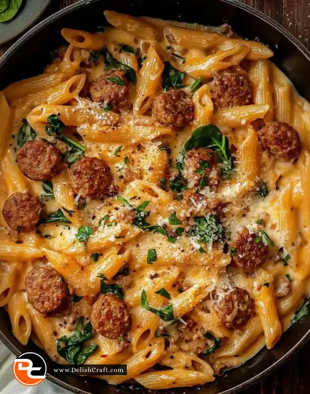One Pot Creamy Cajun Sausage Pasta dish with vibrant colors and rich sauce