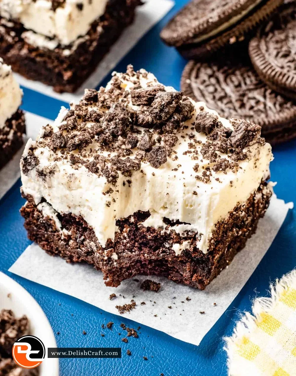 Delicious Oreo brownies topped with crushed Oreo cookies