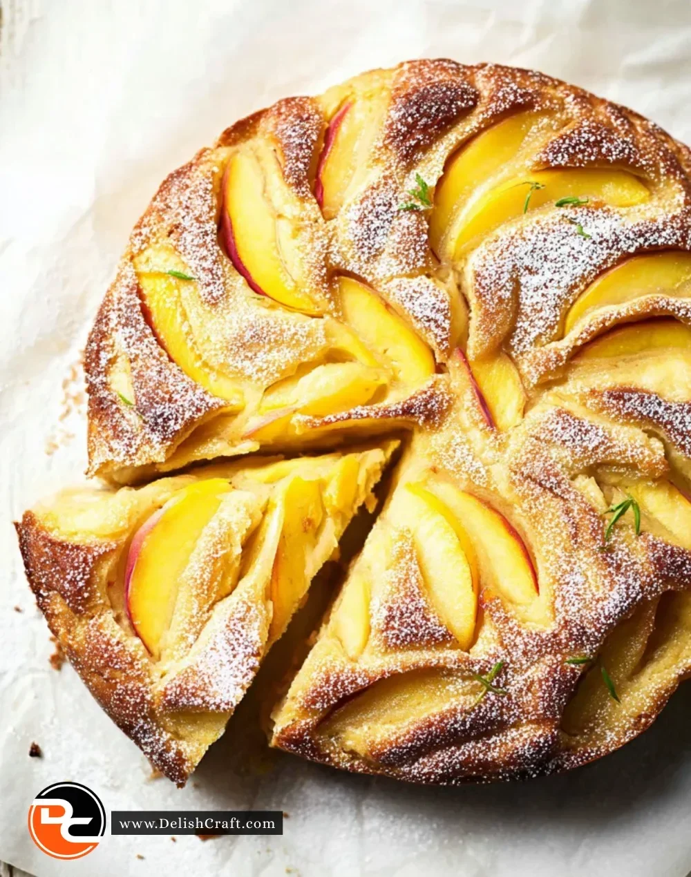 Delicious slice of Peach Almond Cake garnished with peaches and almonds