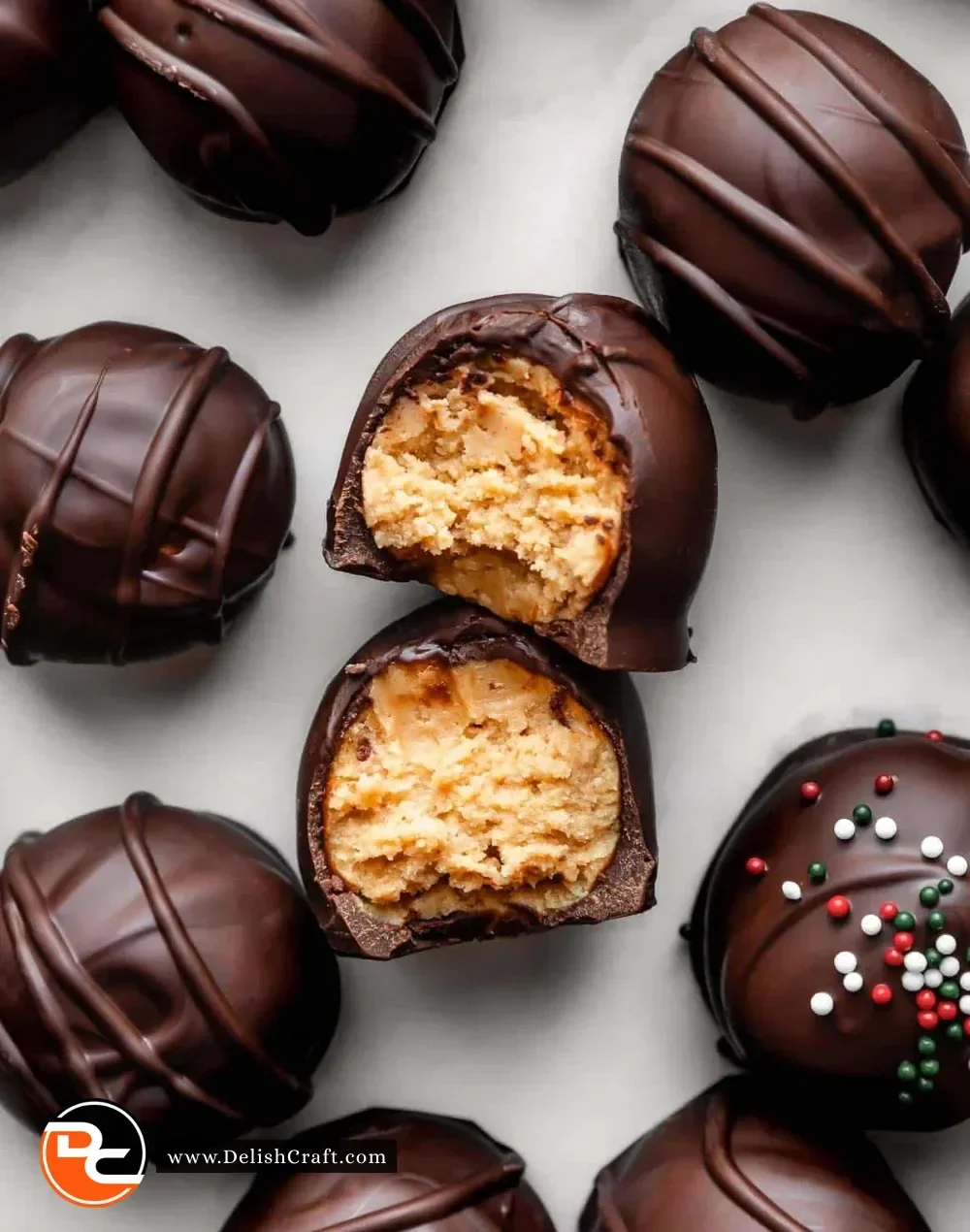 Delicious homemade peanut butter balls truffles coated in chocolate