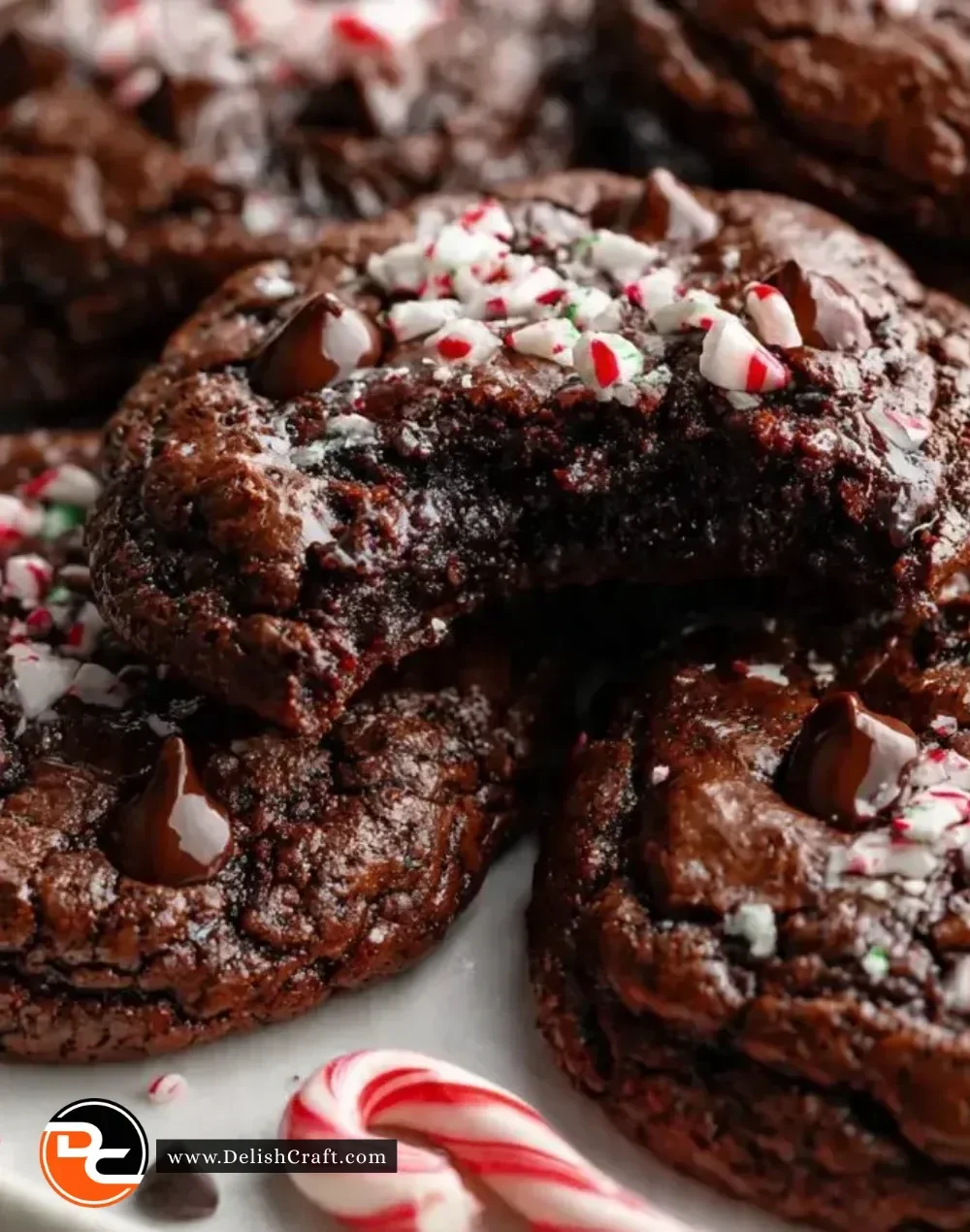 Plate of peppermint brownie cookies decorated with festive ingredients