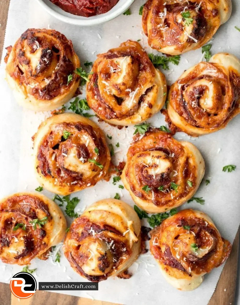 Delicious homemade pepperoni pizza rolls on a plate.