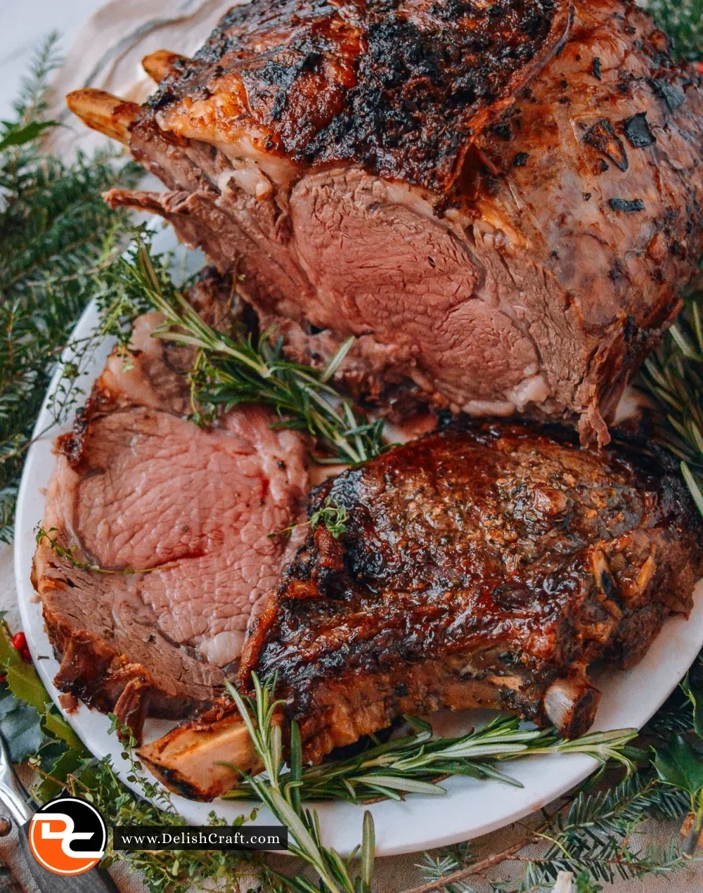 Perfectly cooked prime rib roast served with herbs and seasoning