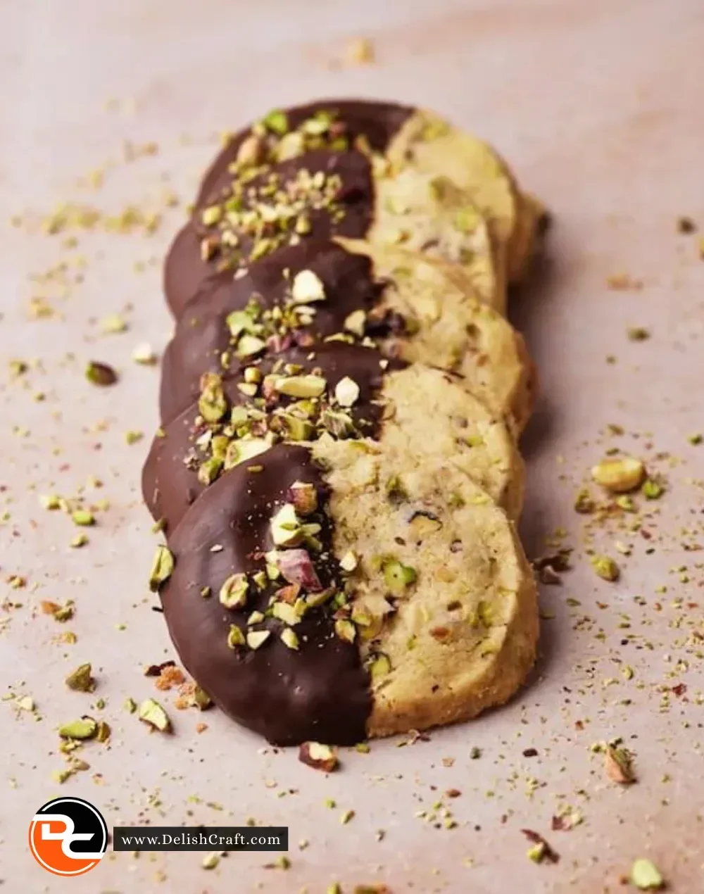 Plate of freshly baked pistachio shortbread cookies with a nutty sprinkle