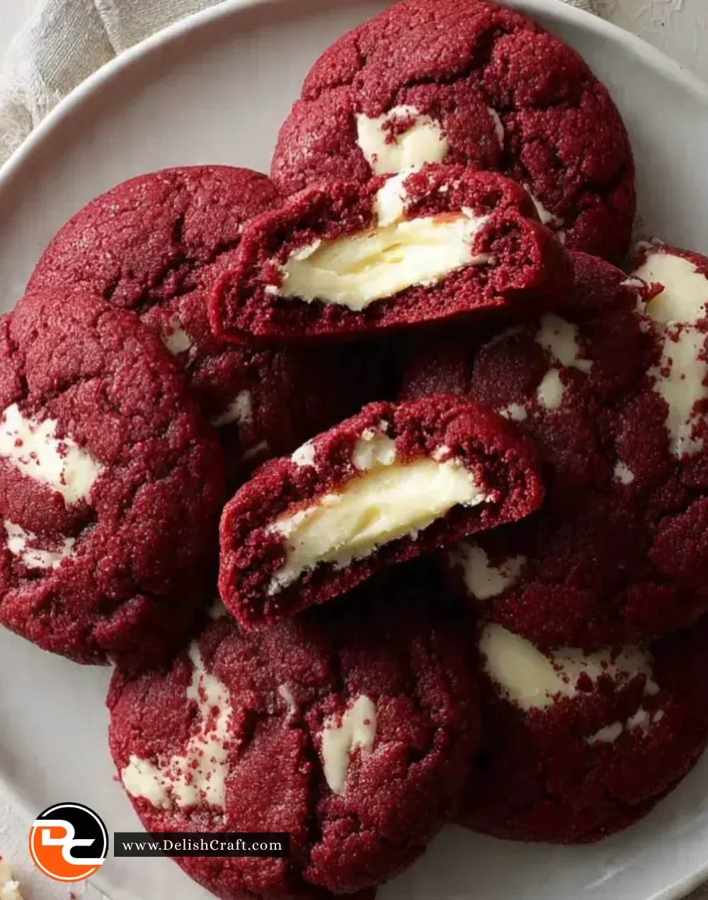 Red velvet cookies filled with cream cheese on a white plate