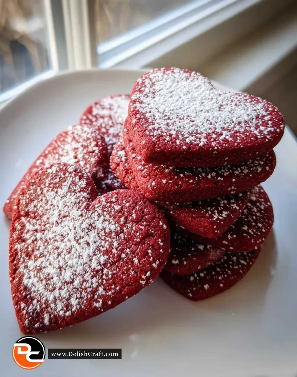 A plate of freshly baked red velvet heart cookies decorated with white icing.