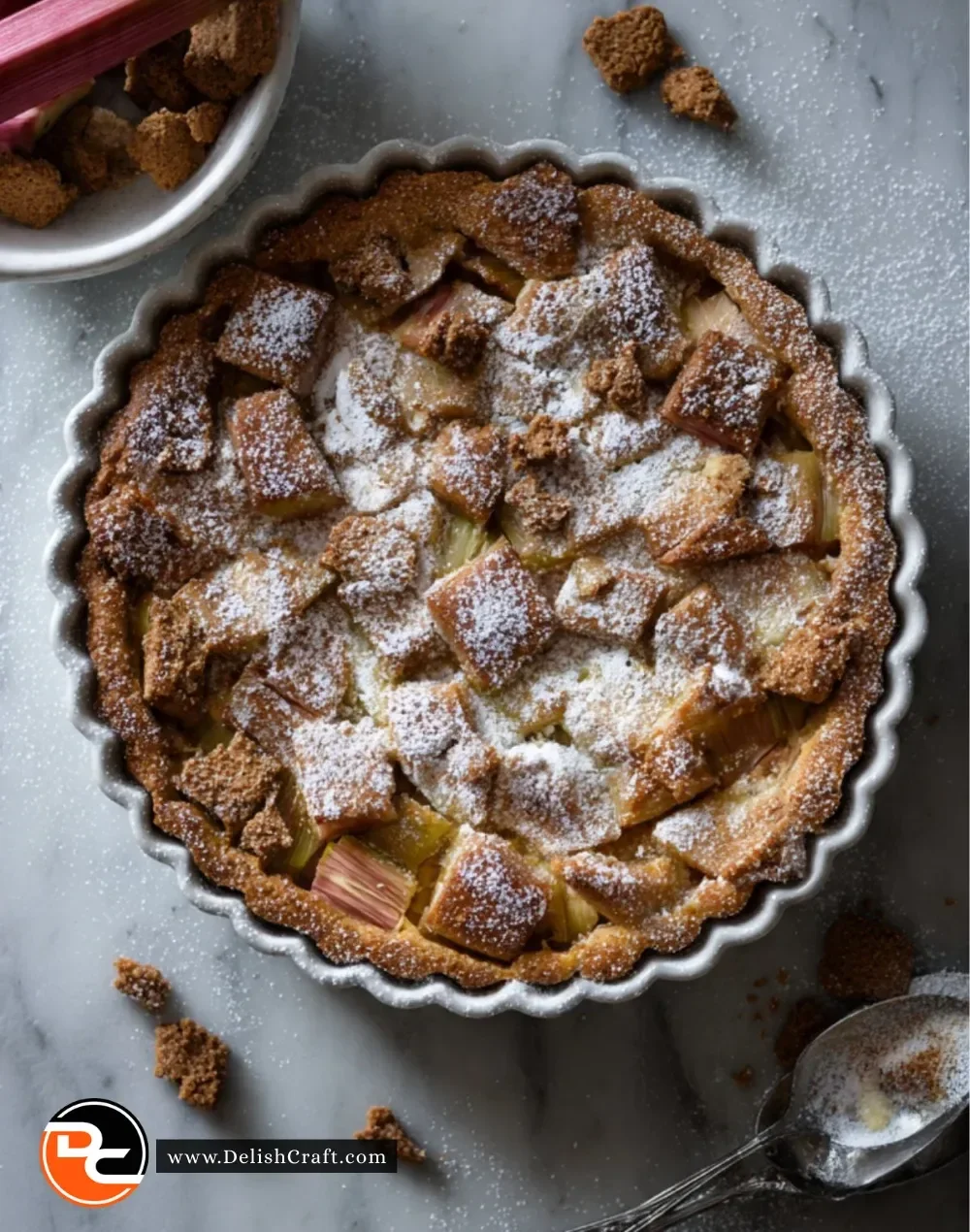 Rhubarb cake with speculoos, showcasing moist texture and vibrant colors.