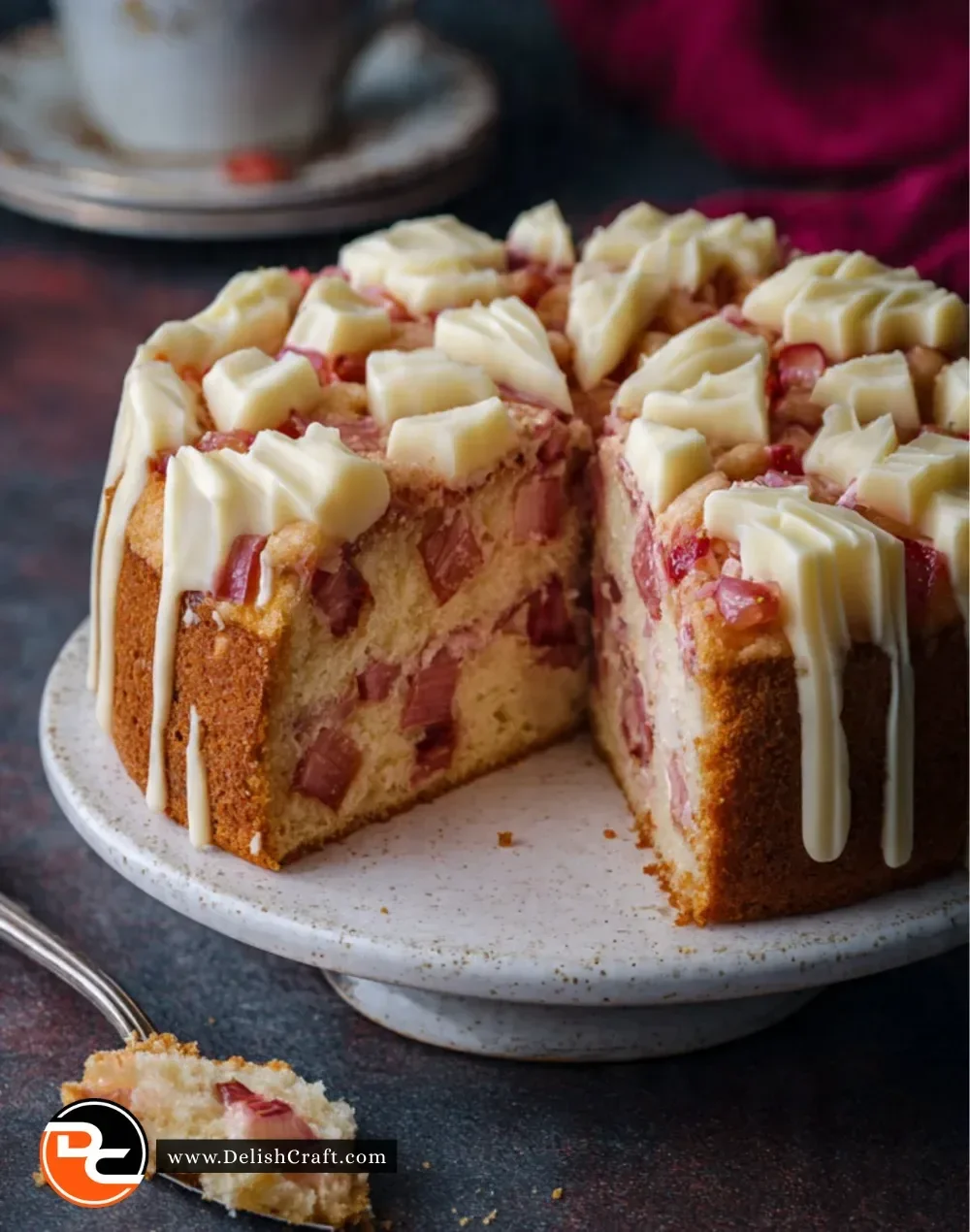 Decadent Rhubarb-Strawberry Cake topped with creamy white chocolate.