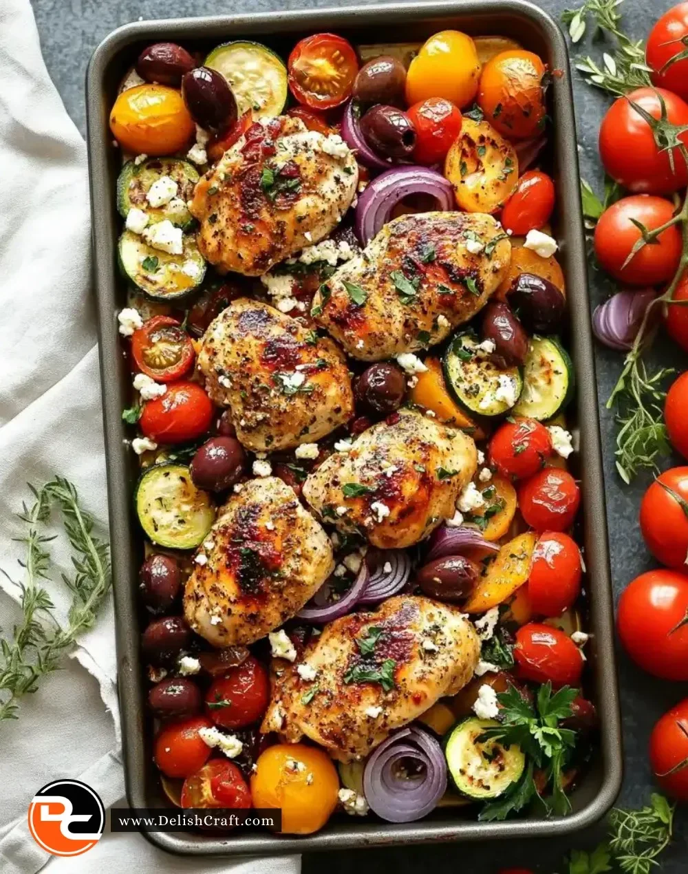 Sheet pan featuring Greek chicken and colorful veggies ready for a healthy meal.