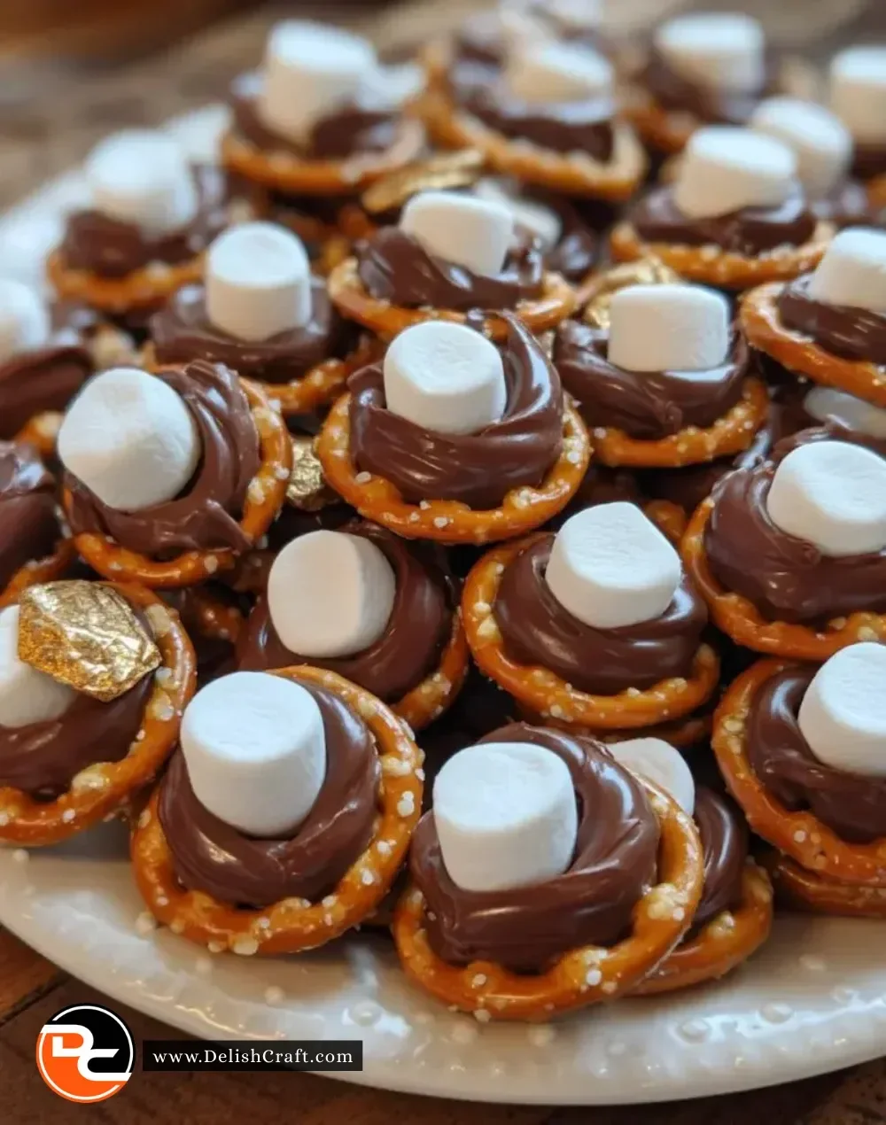Delicious S'mores Pretzel Bites drizzled with chocolate and topped with marshmallows