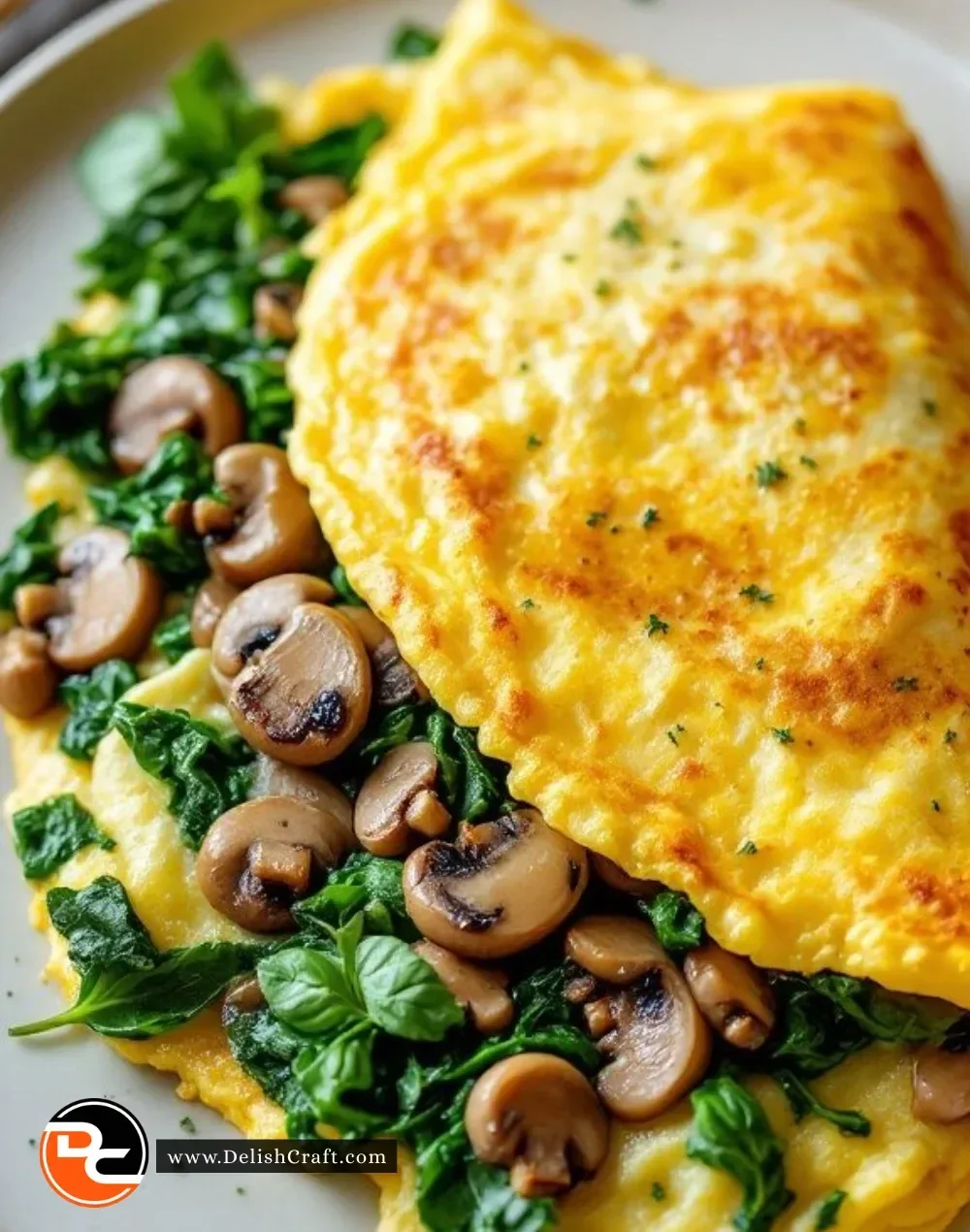 Delicious spinach mushroom omelette served on a plate with herbs