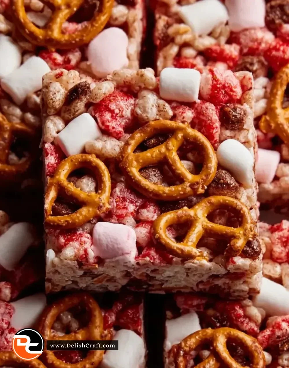 Strawberry pretzel marshmallow treats with fresh strawberries and pretzel base