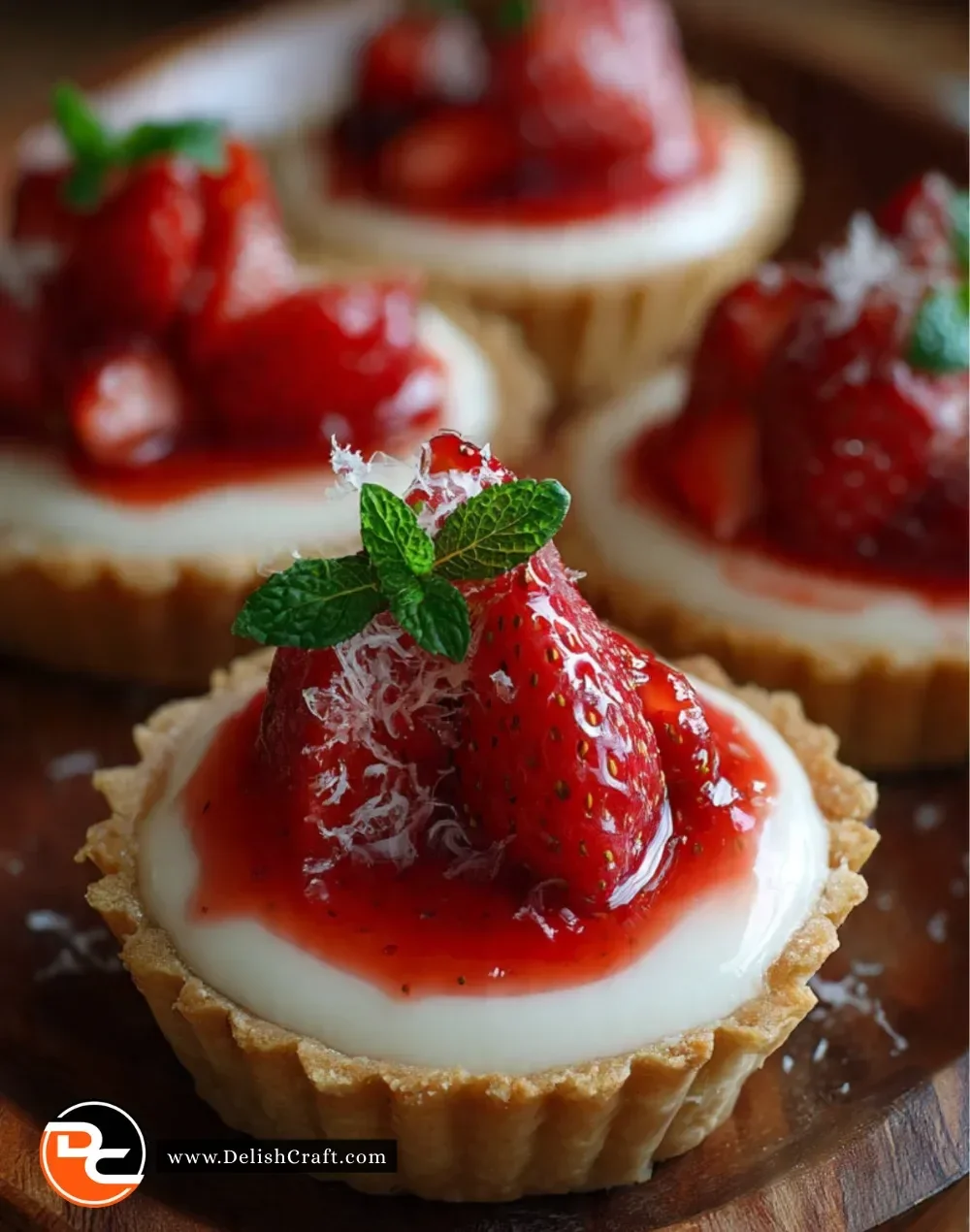 Delicious strawberry tarts with yogurt panna cotta topping