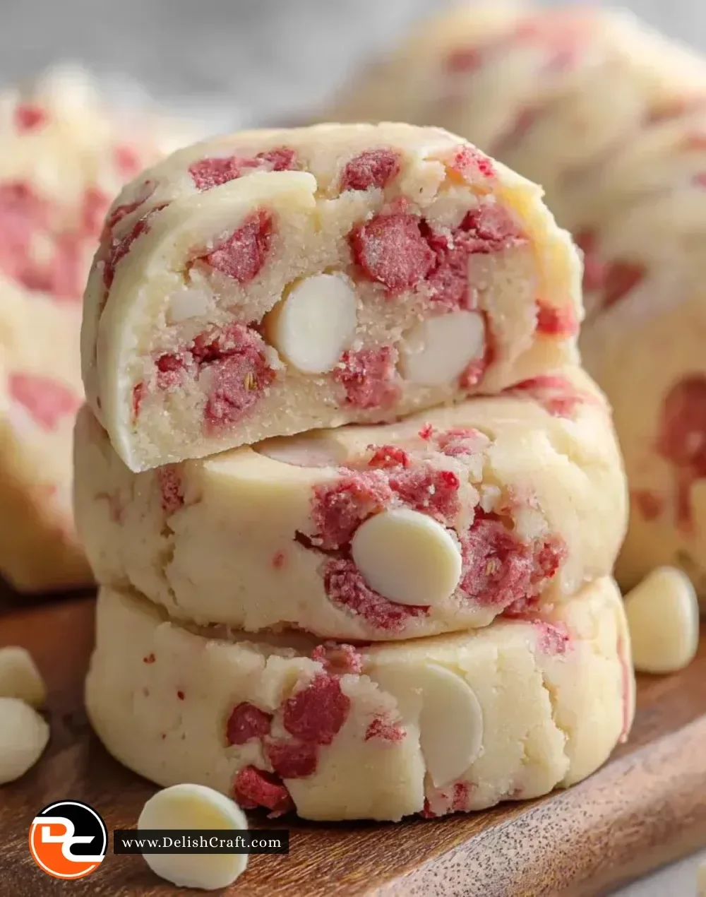 Slice of strawberry white chocolate shortbread on a plate