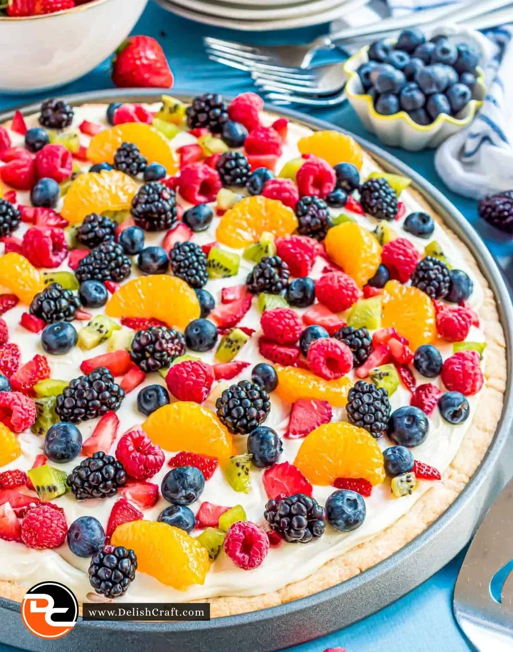 Colorful Sugar Cookie Fruit Pizza topped with assorted fresh fruits