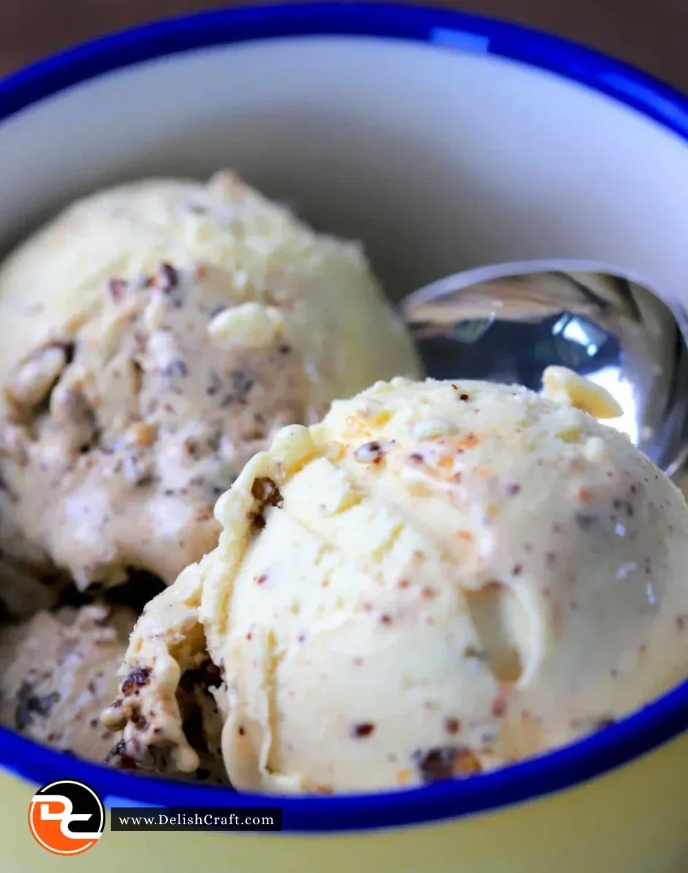 Delicious sugar free butter pecan ice cream in a bowl with pecan pieces