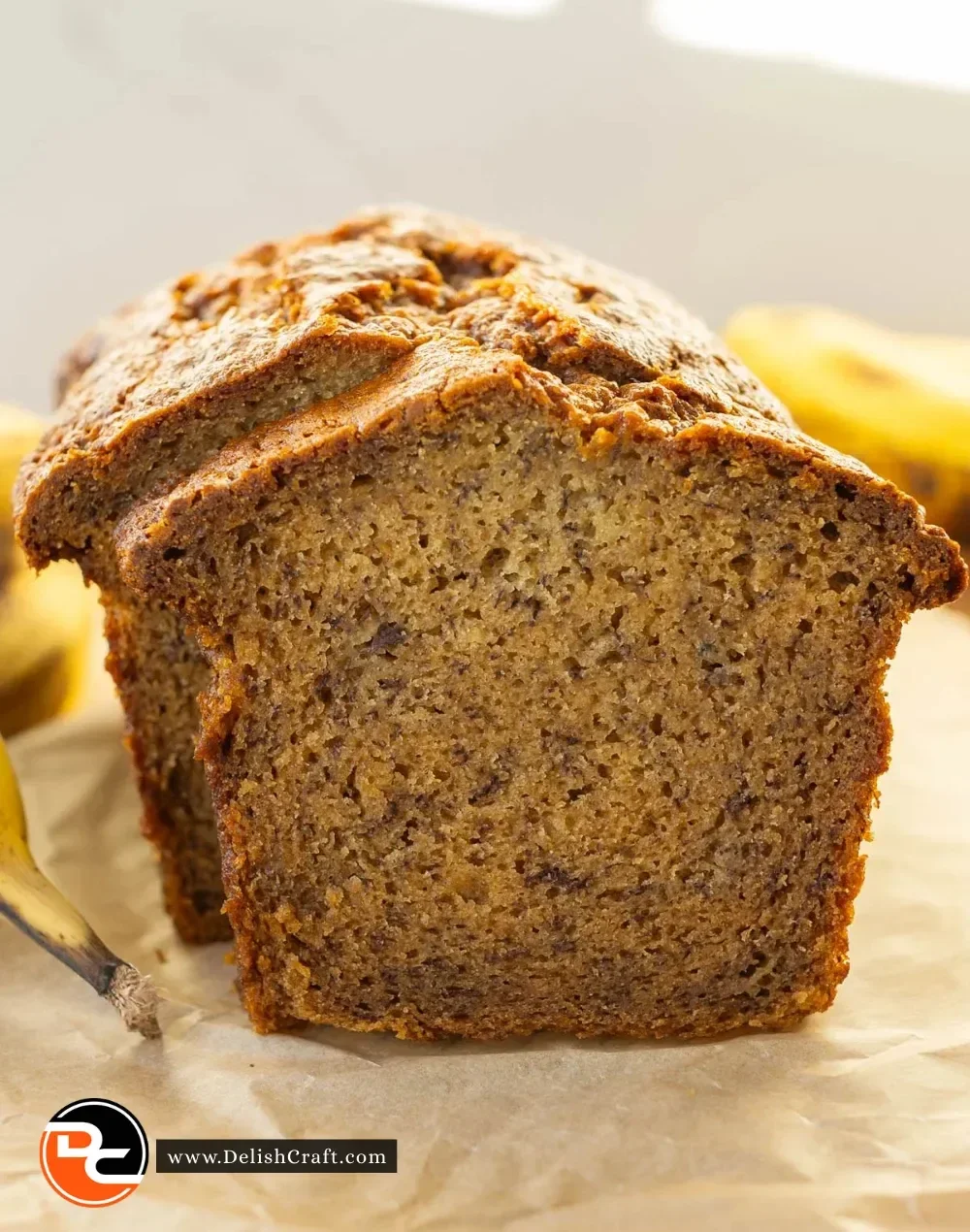 Loaf of super moist banana bread topped with sliced bananas