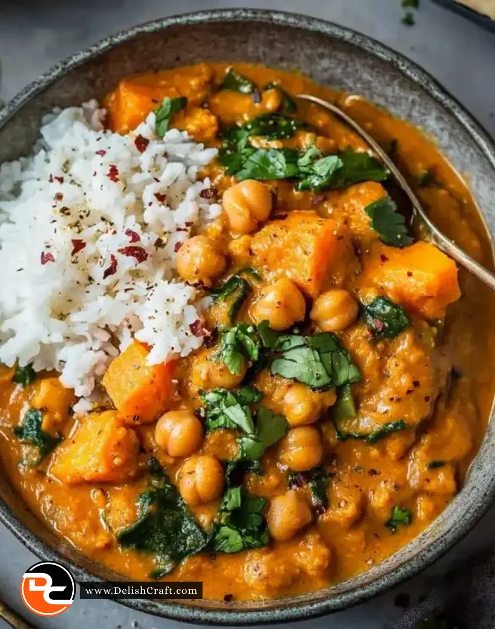 Delicious sweet potato and chickpea curry served in a bowl