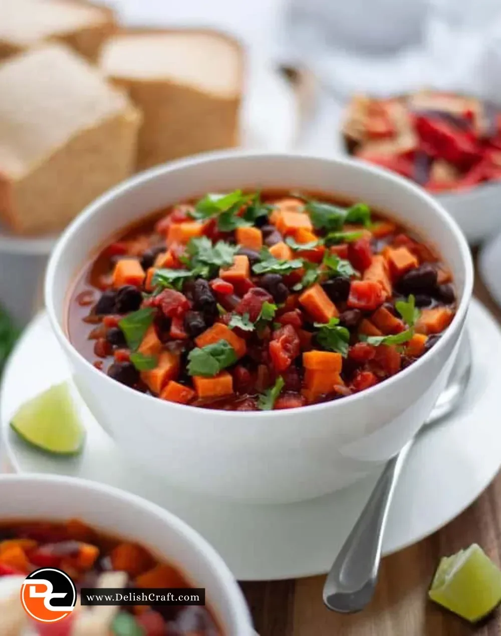 Bowl of Sweet Potato Black Bean Chili garnished with cilantro.