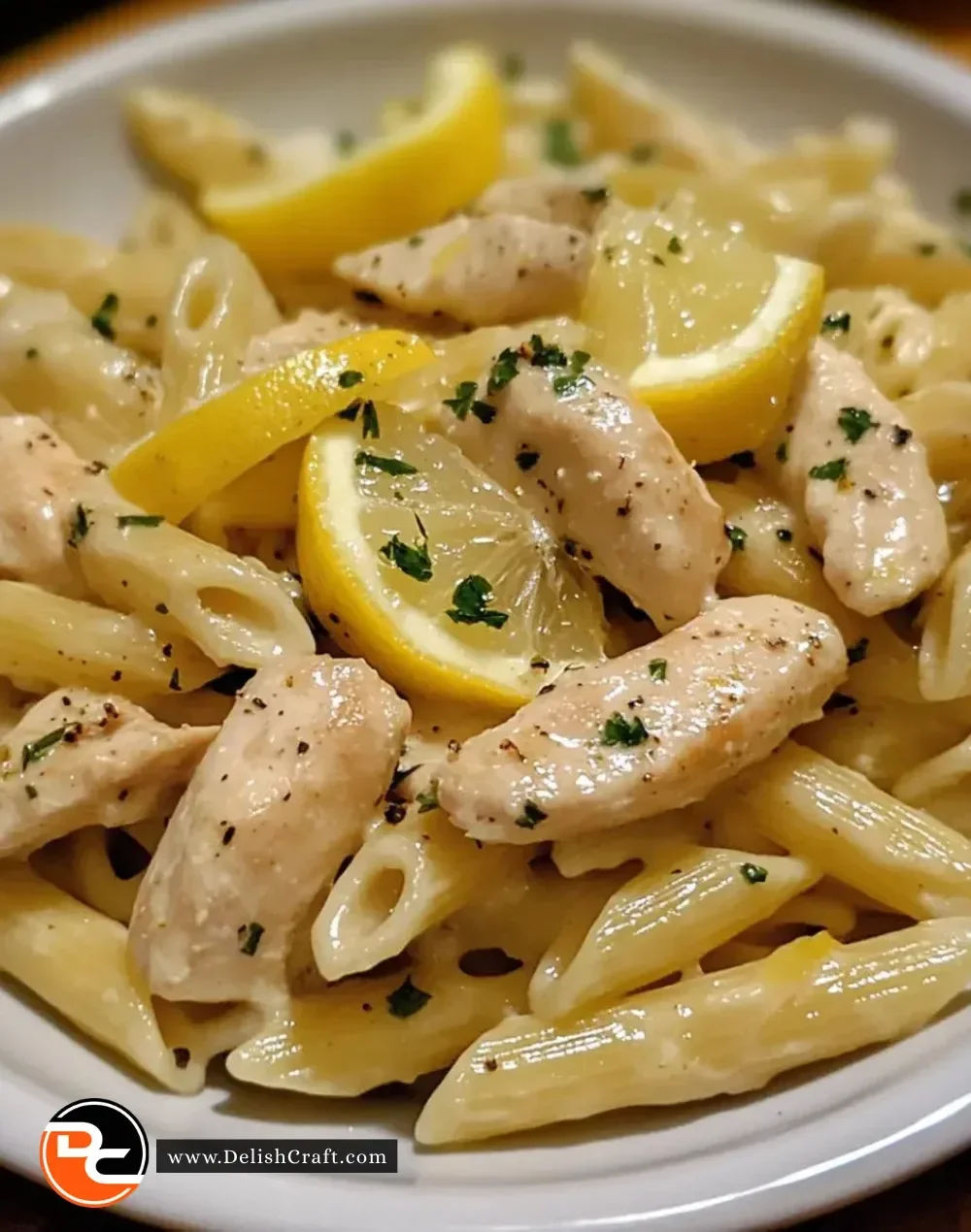 Creamy lemon chicken pasta garnished with parsley in a white bowl