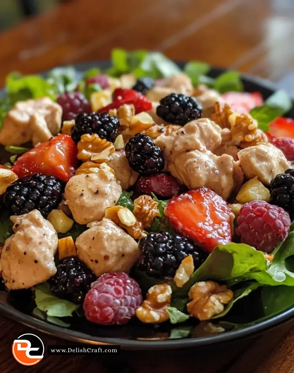 Juicy chicken berry walnut salad with fresh ingredients