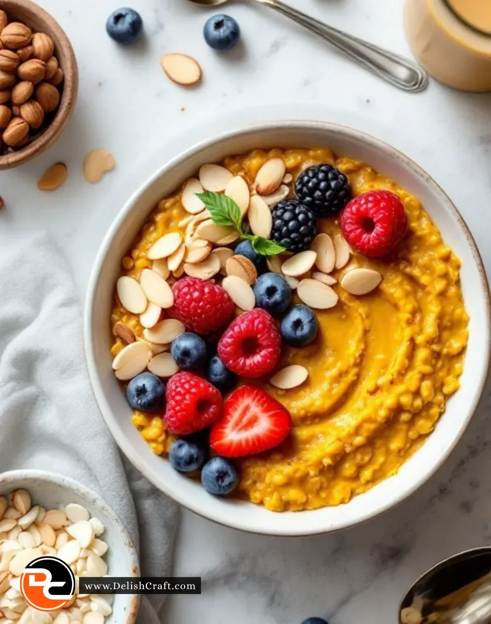 Bowl of turmeric oatmeal topped with almonds for a healthy breakfast