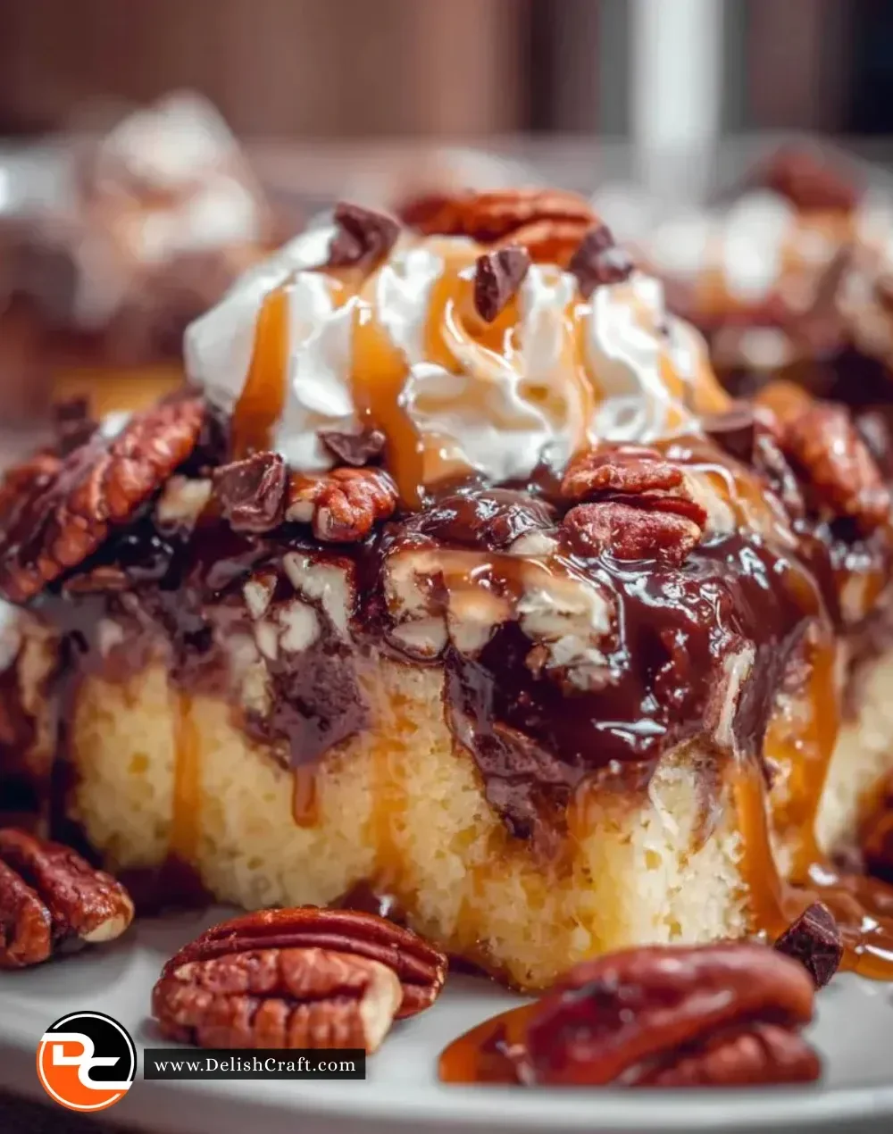 Turtle Poke Cake topped with chocolate, caramel, and pecans