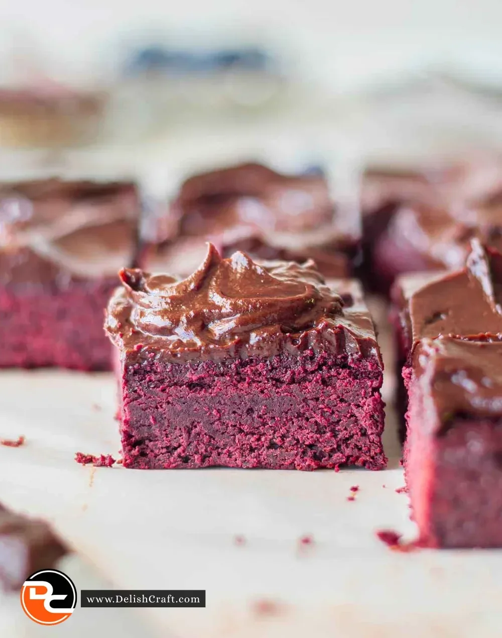 Vegan Beetroot Brownies topped with rich chocolate avocado frosting