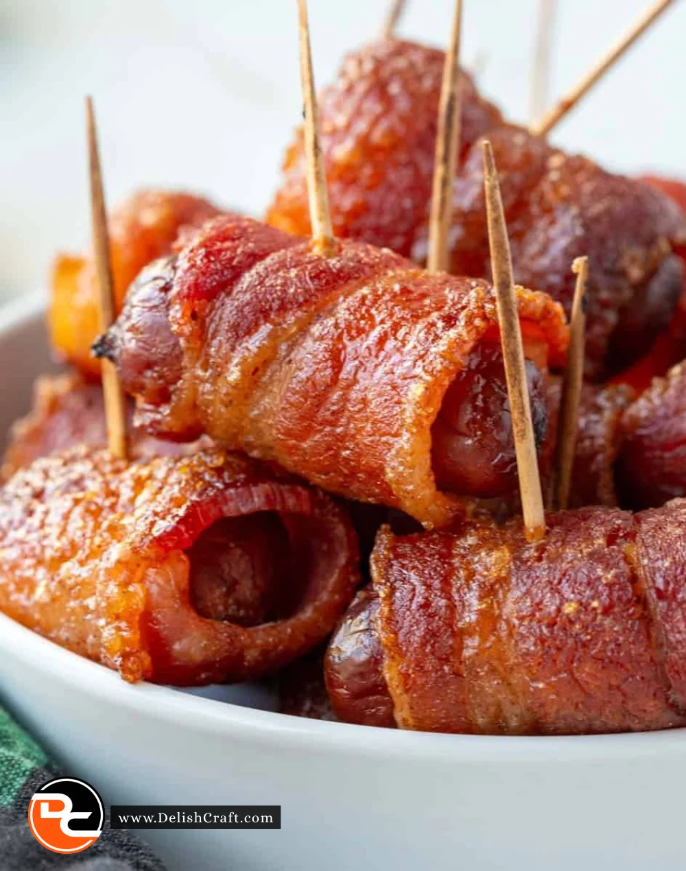 Delicious Bacon Wrapped Smokies appetizer on a serving platter
