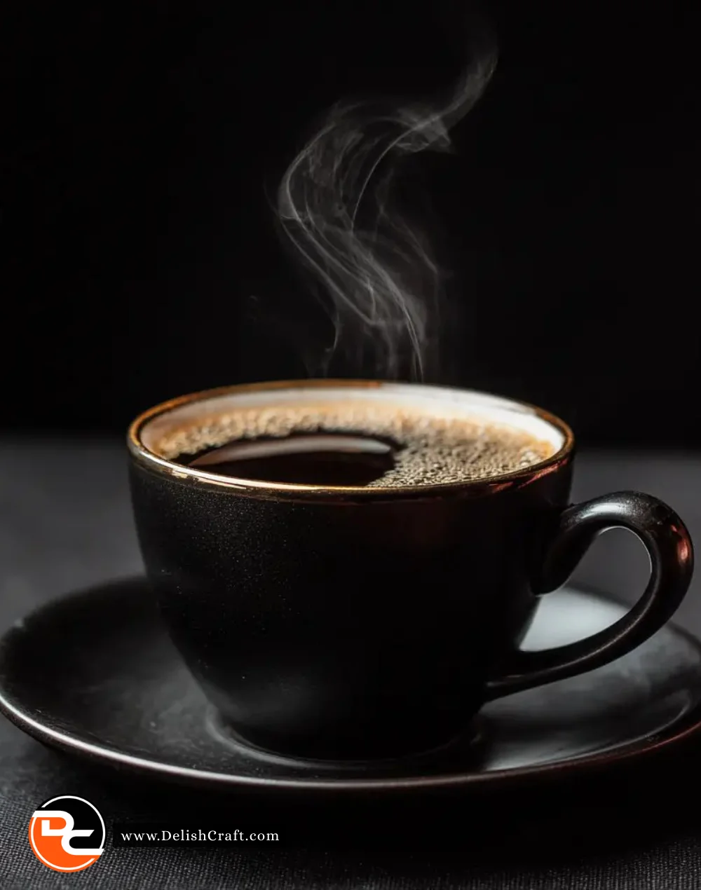 A cup of black coffee on a wooden table with coffee beans beside it