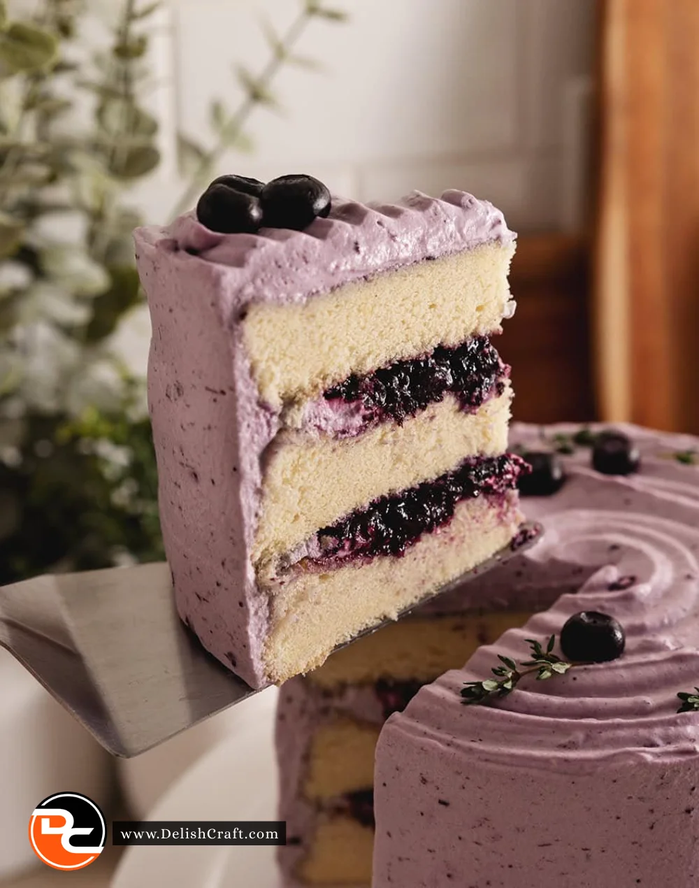 Deliciously moist blueberry cake topped with fresh blueberries and cream frosting.