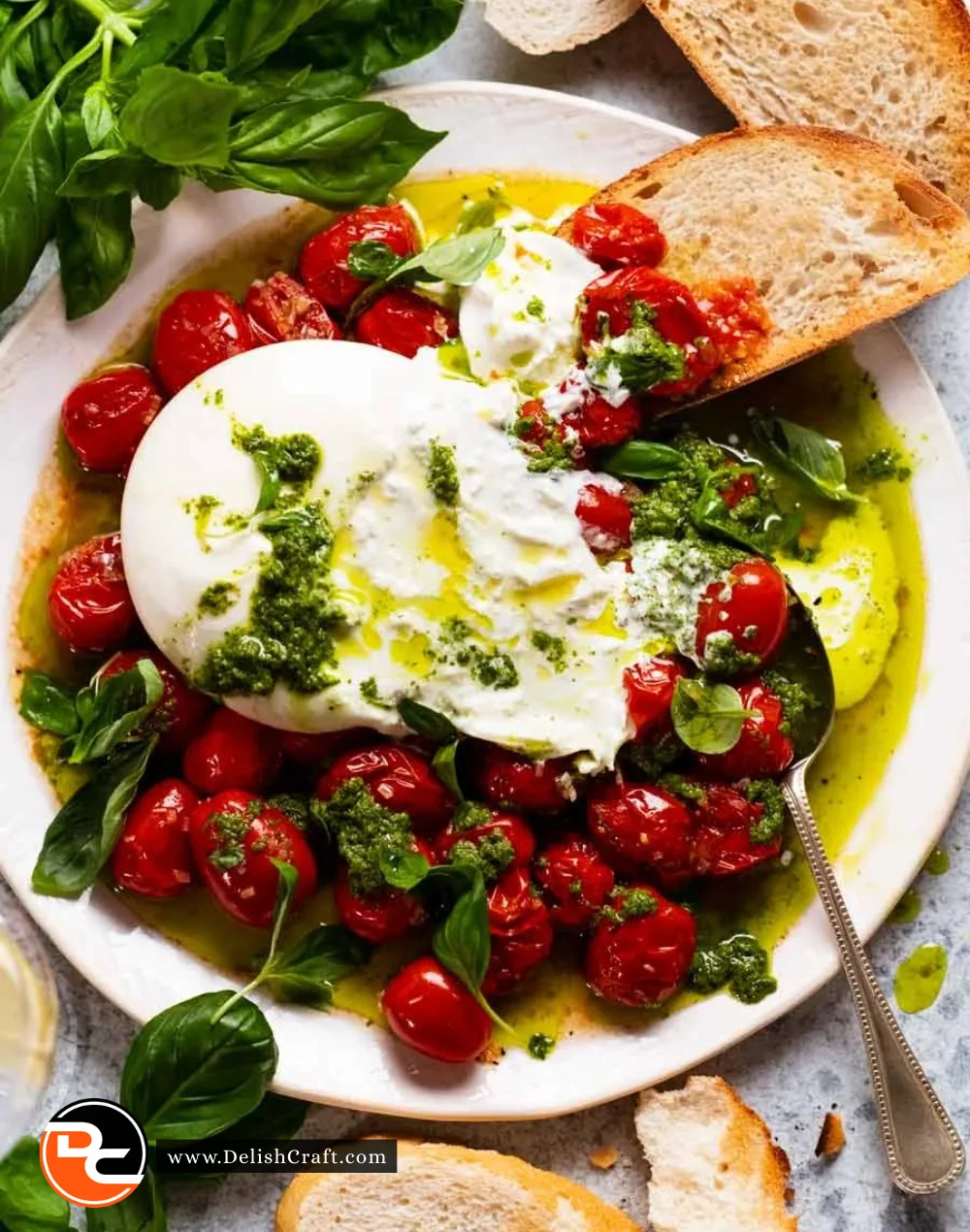 A fresh Burrata cheese ball served with basil and tomatoes on a wooden board.