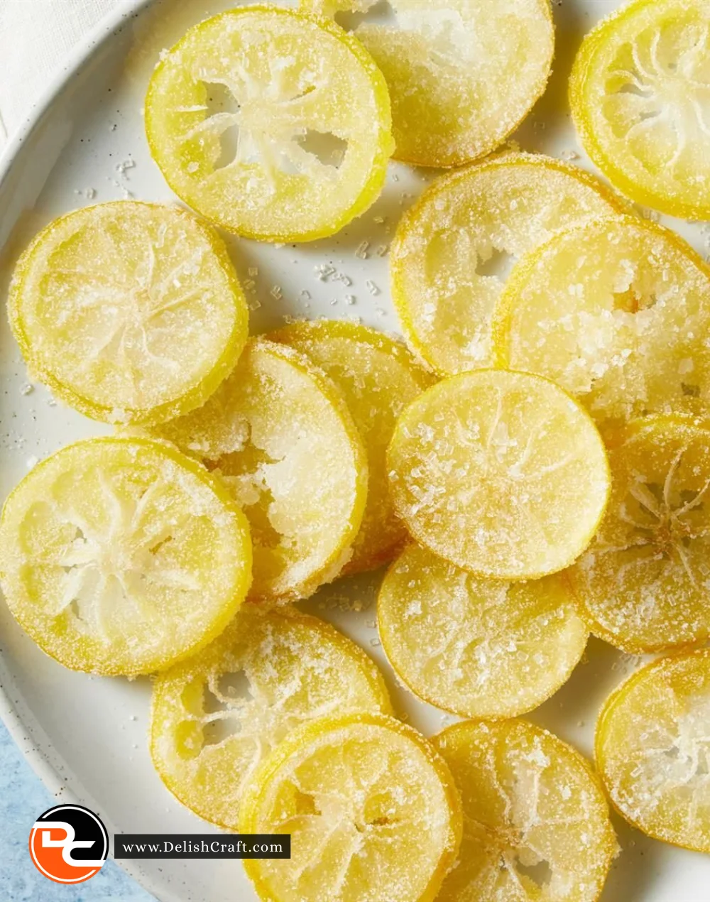Delicious candied lemon slices arranged on a plate