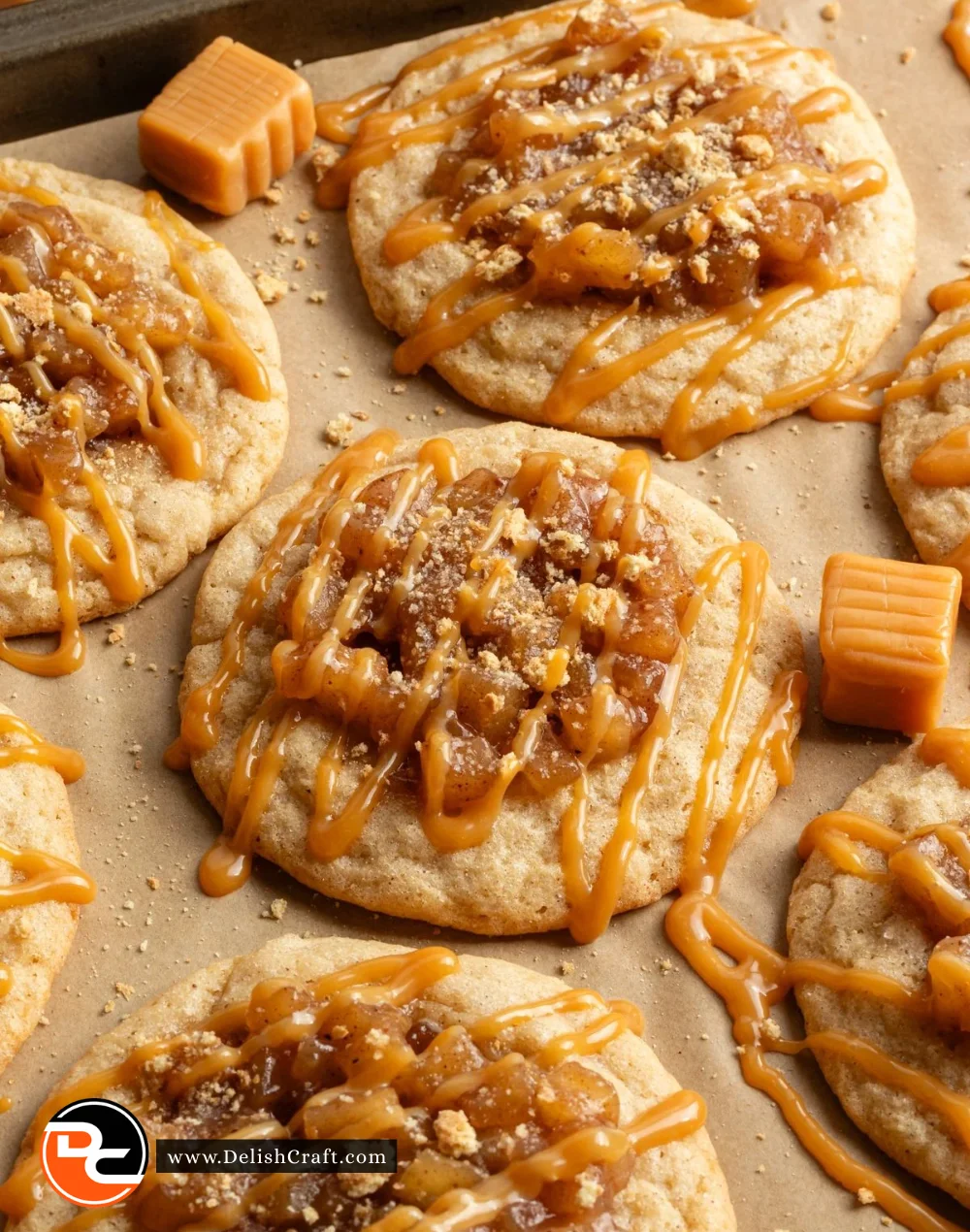 Delicious Candy Apple Cookie decorated with caramel and apple slices.