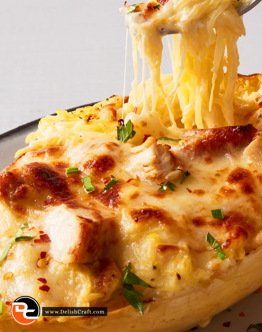 Chicken Alfredo Spaghetti Squash topped with creamy sauce and grilled chicken