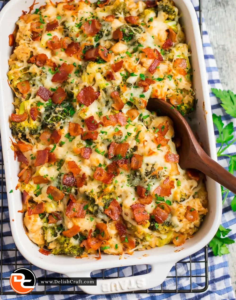 Delicious Chicken Bacon Ranch Casserole topped with cheese and crispy bacon
