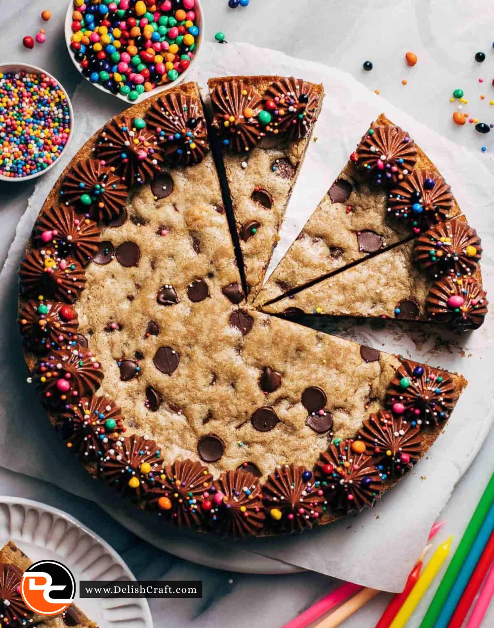 Delicious chocolate chip cookie cake with chocolate chips on top
