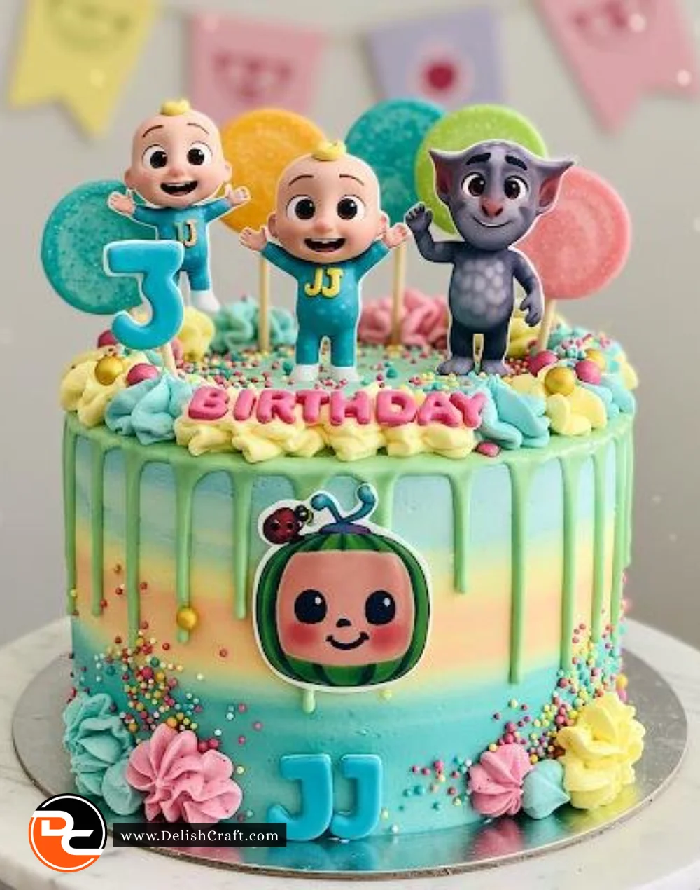 Colorful Cocomelon cake featuring popular characters for kids' celebrations