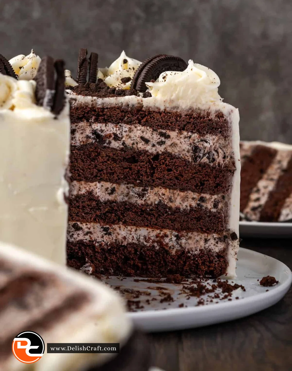 Delicious homemade Cookies and Cream Cake with chocolate and cream layers