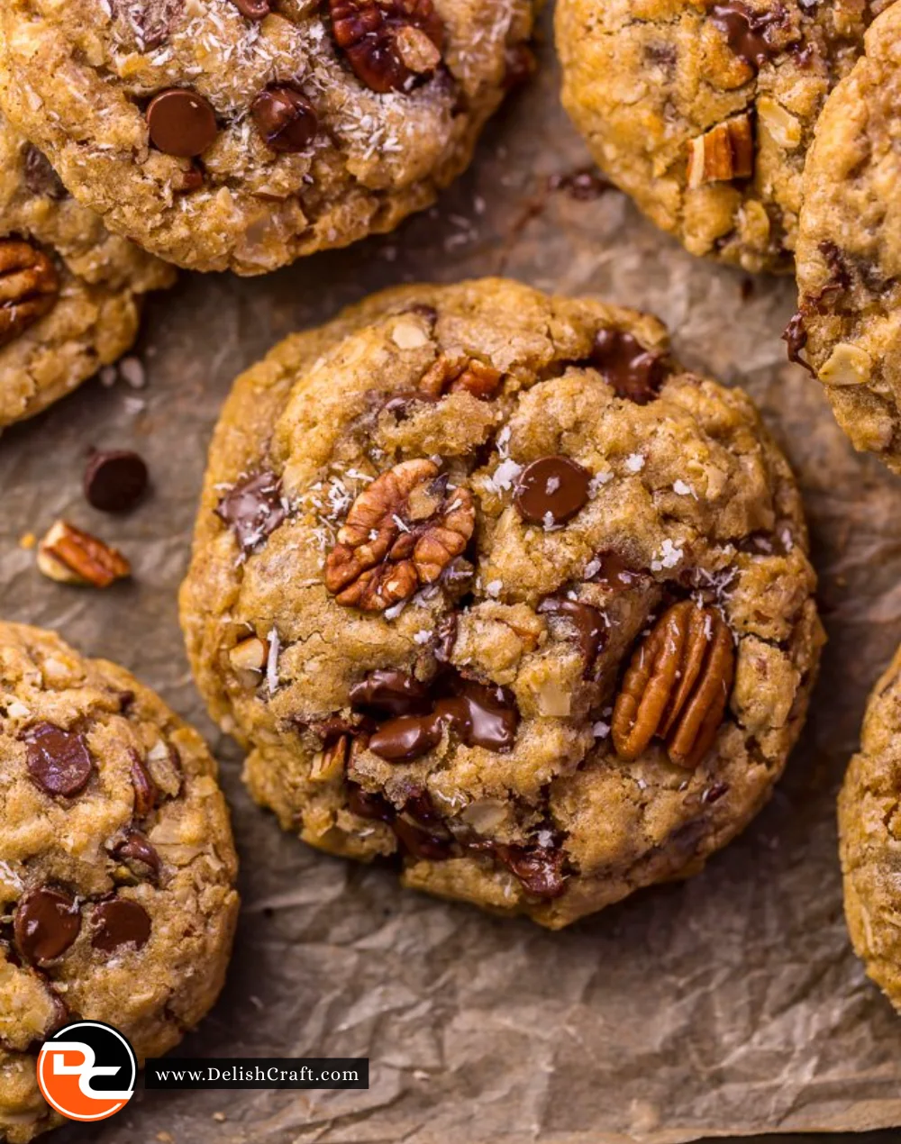 Freshly baked Cowboy Cookies with oats, chocolate chips, and nuts
