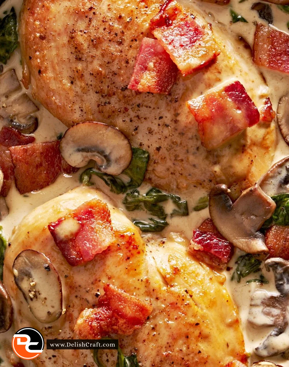 Creamy balsamic chicken dish served on a plate with herbs