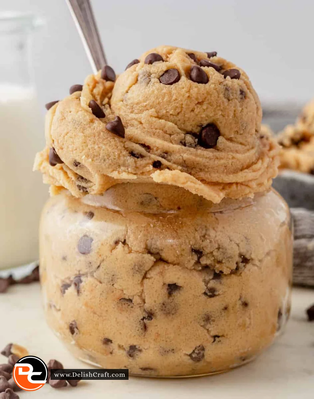 Bowl of delicious edible cookie dough topped with chocolate chips