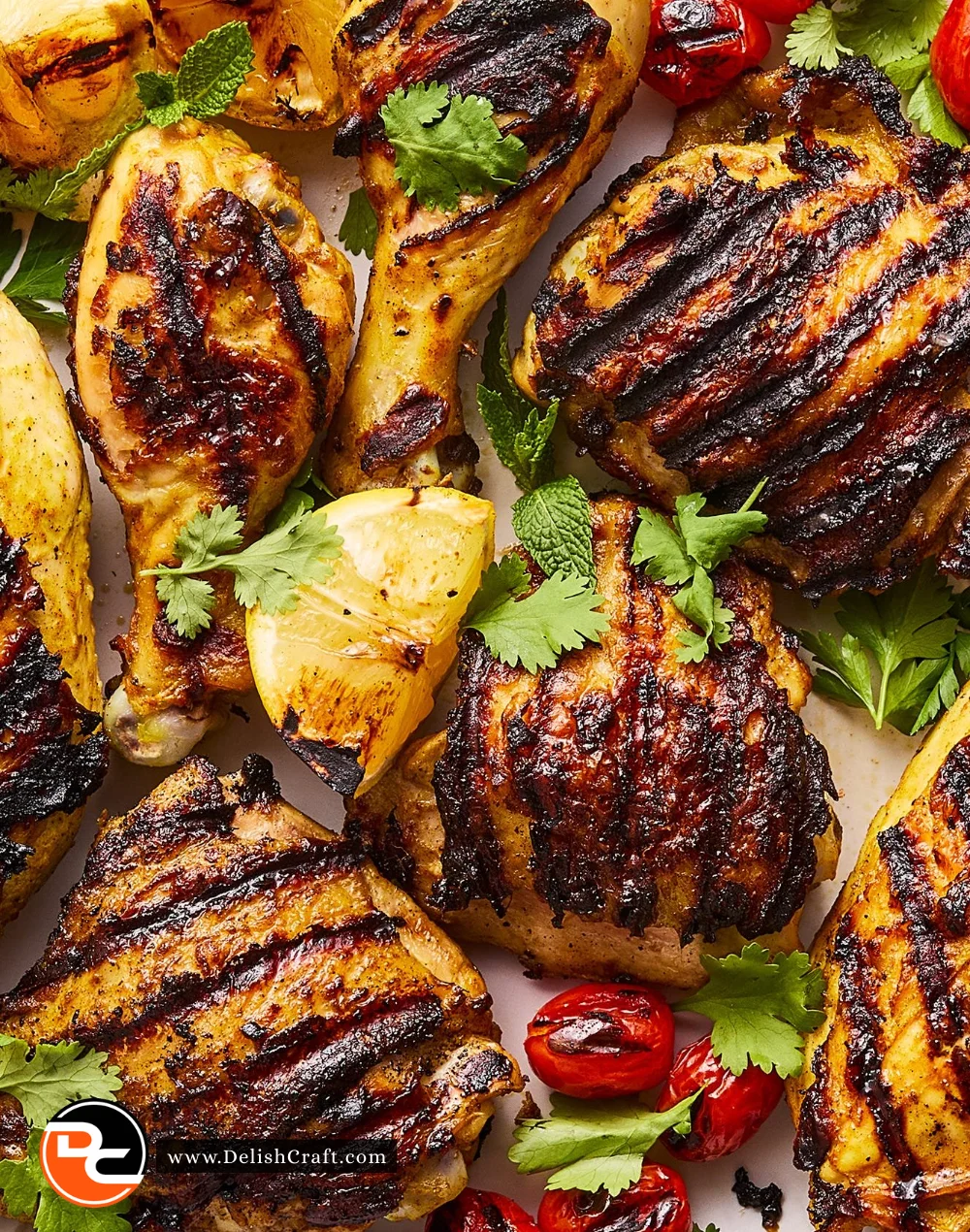 A plate of grilled Persian chicken garnished with fresh herbs and spices