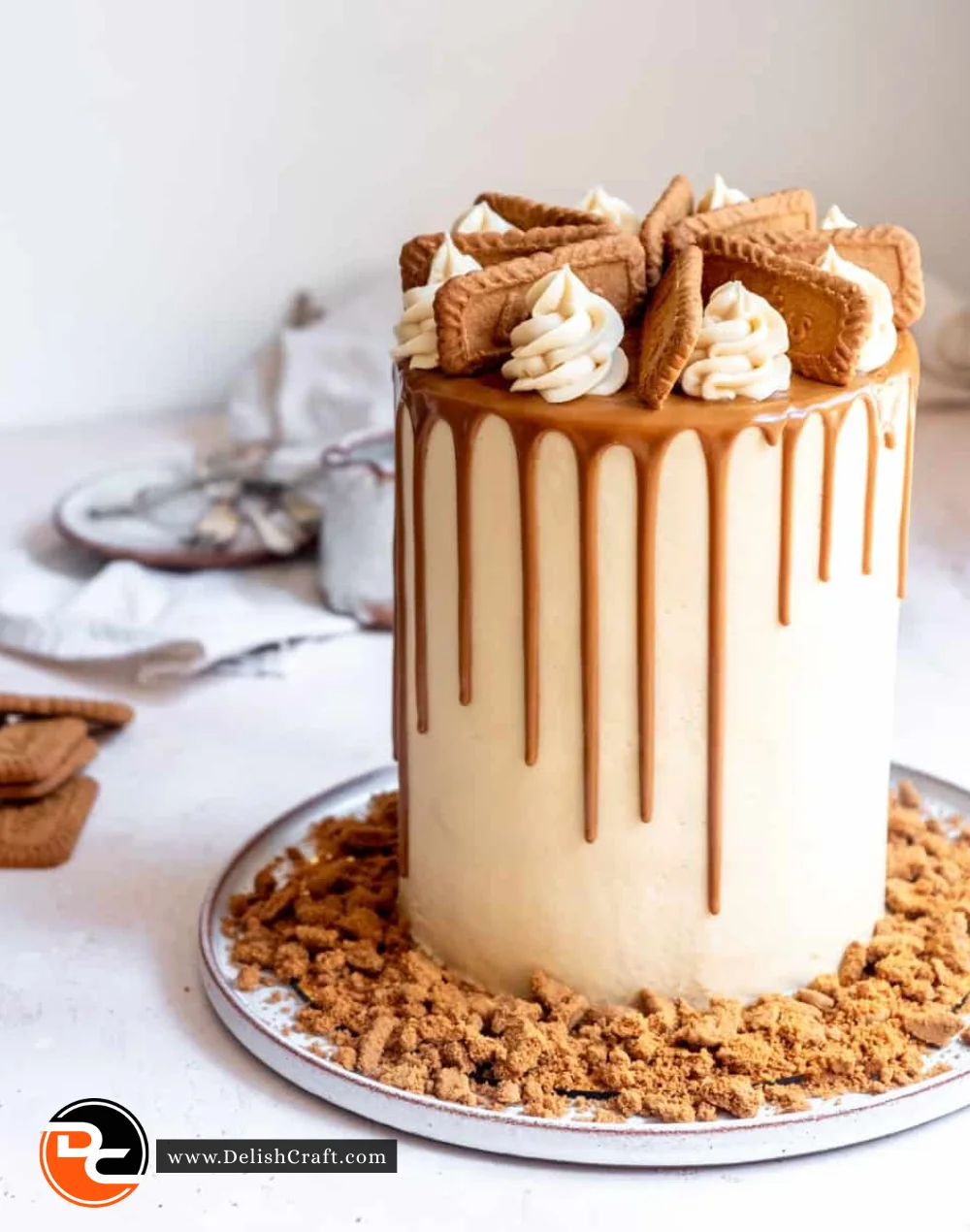 Delicious Lotus Biscoff Cake topped with Lotus cookies