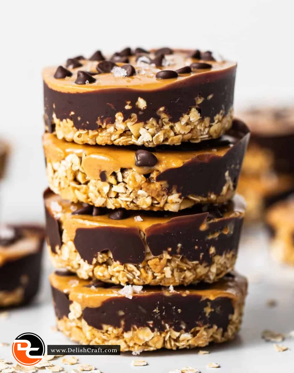 No bake peanut butter oat cups topped with chocolate