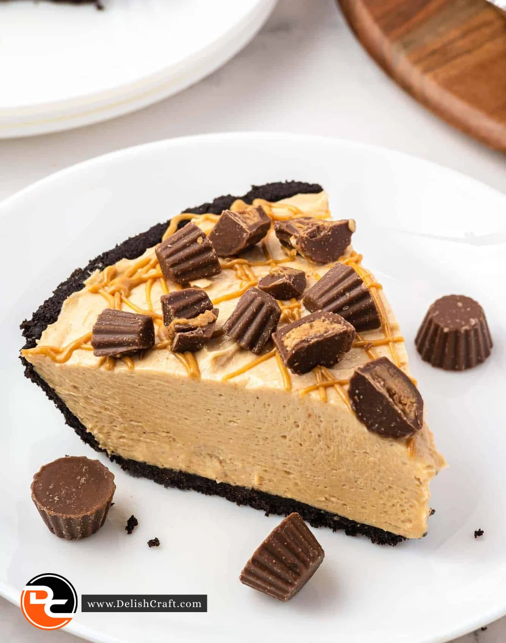 Delicious no bake pie with a creamy filling and chocolate topping.
