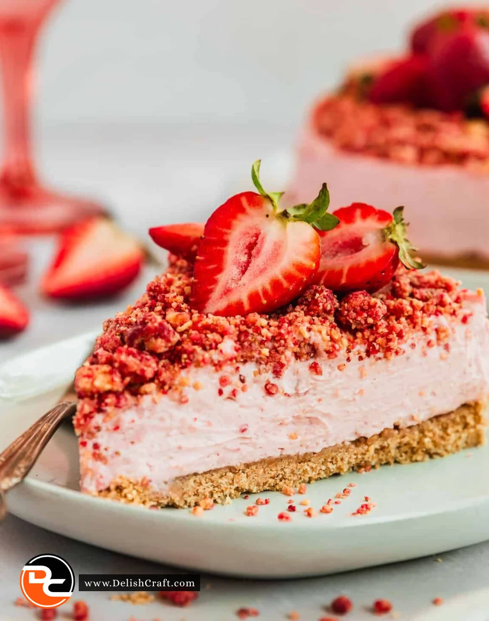 No bake strawberry cheesecake topped with fresh strawberries.