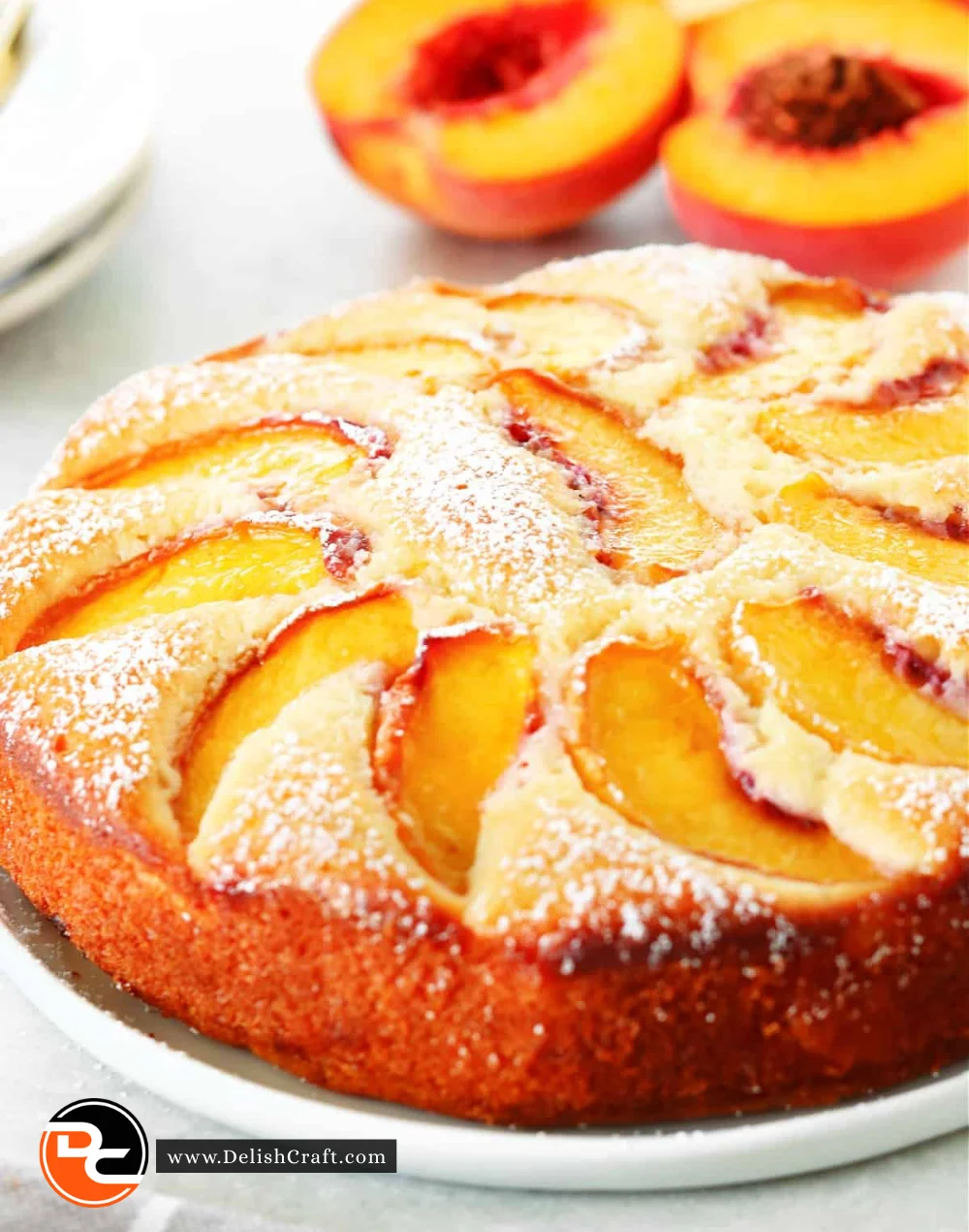 Sliced peach cake topped with fresh peaches and whipped cream